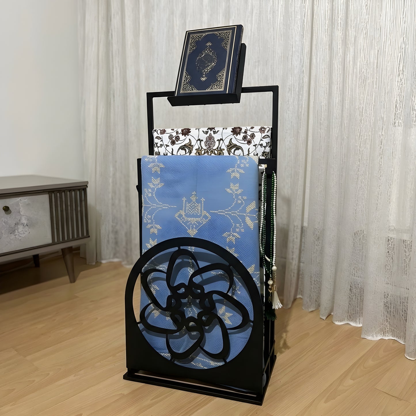 Handcrafted Metal Prayer Rug & Quran Stand |Elegant Prayer Rug Holder | Modern Islamic Home Décor | Prayer Mat Organizer